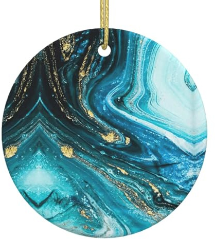 Türkis-blau-goldener Marmor-Weihnachtsbaum, Keramik, zum Aufhängen, rund, Ornament, Anhänger, festliche Weihnachtsfeier, Heimdekoration