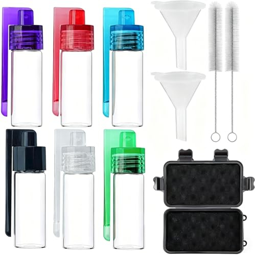 VELAJA Botes Especias Cristal 51ml, 6 Piezas con Tapa Dosificadora con Cuchara y 2 Mini Embudos, Frasco Hermético para Polvos, Especias, Snus, para Viajes, Cocina y Camping