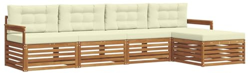 vidaXL Outdoor-Sofagarnitur mit Kissen 5 pcs Natur und Creme, Gartenlounge, Moderne Outdoor-Sofa, gemütliche Sitzgruppe, langlebige Terrasse für entspannte Stunden