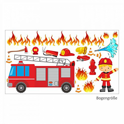 007 Wandtattoo Feuerwehrauto Feuerwehrmann Schlauch Feuer - in 6 Größen - Kinderzimmer Sticker Babyzimmer Wandsticker Wanddeko Wandbild Junge Mädchen (2000 x 1120 mm)