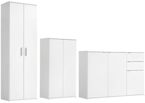 mokebo® Mehrzweckschrank Set 3-teilig 'Die Allzweckwaffe', Schrank-Set mit Mehrzweckschrank & Kommode in Weiß, auch als Moderne Wohnwand, Büromöbel oder Aufbewahrungsset