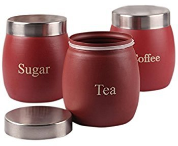 Nobel Barrel Tea, Coffee and Sugar Canisters Set of 3 Stainless Steel Brick Red Barrel Style