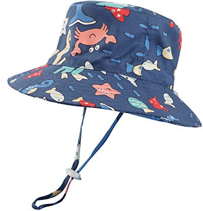 LACOFIA Sombrero de Sol bebé Gorro Verano para niños Sombrero Playa de ala Ancha Proteccion Solar para niños con Correa Ajustable para la Barbilla Azul Marino 4-6 Anni