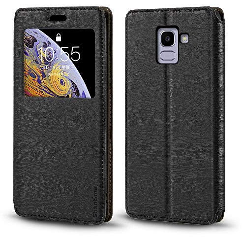 Custodia in pelle con finestra per Galaxy J6 2018 - Nero | 5.6 Elegante cover magnetica invisibile con finestra trasparente, fessura per carte e supporto