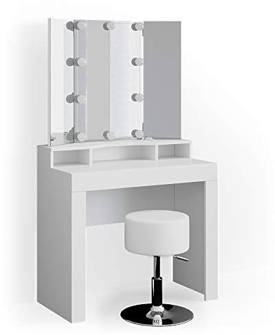 Vicco Schminktisch Nora, Kosmetiktisch mit Spiegel, Weiß, 90 cm mit LED Beleuchtung und Hocker