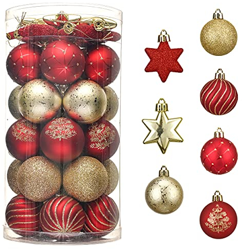 Valery Madelyn Christmas Tree Decorations Christmas Baubles Red Gold 35pcs 5cm Shatterproof Baubles for Christmas Tree Balls Ornaments for Traditional Xmas Decoration