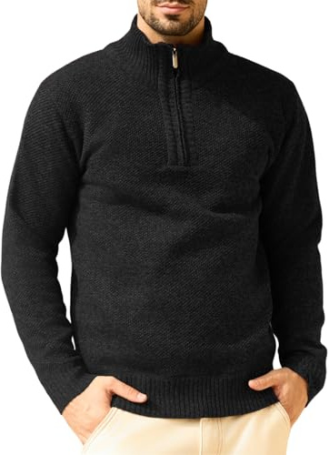 Les umes Mens Quarter Zip Jumper Plaid Fleece Lined Knit Turtleneck Sweater Warm Long Sleeve Stand Collar Pullover Black 2XL