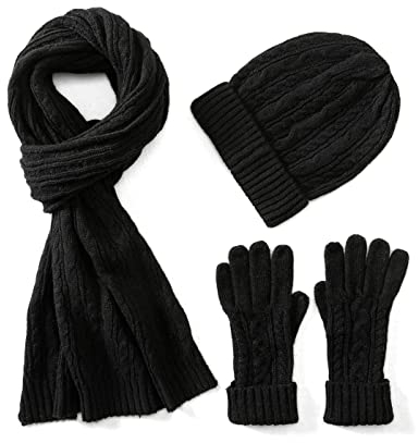 Villand 3 in 1 Damen Wolle Mütze, Schal & Handschuh Winter Sets, 3-teilige Zopfstrickmütze für Damen mit Geschenkbox (Schwarz)