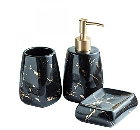 YYW Ceramics Bathroom Sets,3/4/5 Pieces Modern Luxury Bathroom Accessories Set Marble Pattern Ceramics Bathroom Sets Accessories for Home,Apartment,Dormitory (Black, 3-Piece)