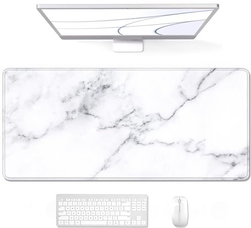 Auhoahsil Large Mouse Pad, XXL Gaming Mousepad, Desk Mat for Desktop, Thick Rubber, Big & Long Size, Stitched Edges, Full Desk Pad for Laptop & Computer, Extended 31.5 x 11.8 in, White Marble