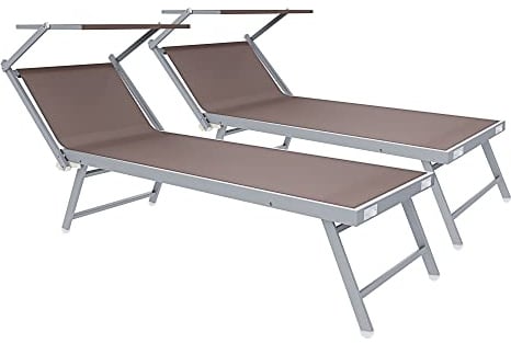 Bricozone Set Da Due Lettini Prendisole Professionale Pieghevole In Alluminio Tettuccio Parasole Orientabile Sdraio Lettino Prendi Sole 182 x 60 x 38 cm Mare Spiaggia Piscina Giardino (Tortora)