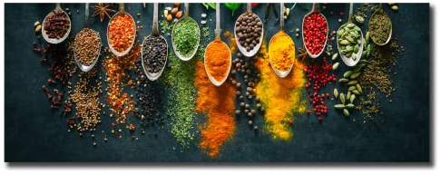 daazoo Küchenbild Vivid Spices 30 x 80 x 0,4 cm I Glasbild | Löffel frische Kräuter & Gewürze | Pfeffer Curry Beeren Pistazien Salz Körner Nüsse I Bild auf Glas I Küche Esszimmer | Home Deko XXL