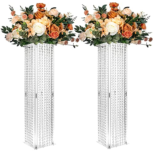 2 Stück Hochzeit Tafelaufsätze Tisch Acryl Vasen mit Kronleuchter Kristall – 80 cm hoch klar rechteckig Blumenständer Geometrische Blume Mittelstück Vase Party Tische Dekorationen