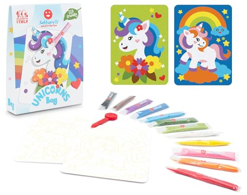 Sabbiarelli Sand-it For Fun - Bag Unicorns Einhörner - Mini Kreativ Bastelset: male mit Sand die Zeichnungen von die Einhörner, 12 farben, Sandbilder für Kinder ab 5+, Kleine Geschenkidee