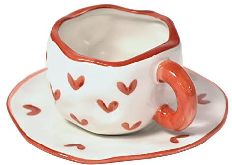 Koythin Ceramic Coffee Mug with Saucer Set, Cute Creative Cup Unique Irregular Design for Office and Home, Dishwasher and Microwave Safe, 10 oz/300 ml for Latte Tea Milk (Red Heart)