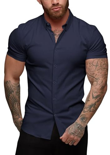 URRU Men's Muscle Dress Shirts Slim Fit Stretch Short Sleeve Casual Button Down Shirts for Men Navy Blue XL