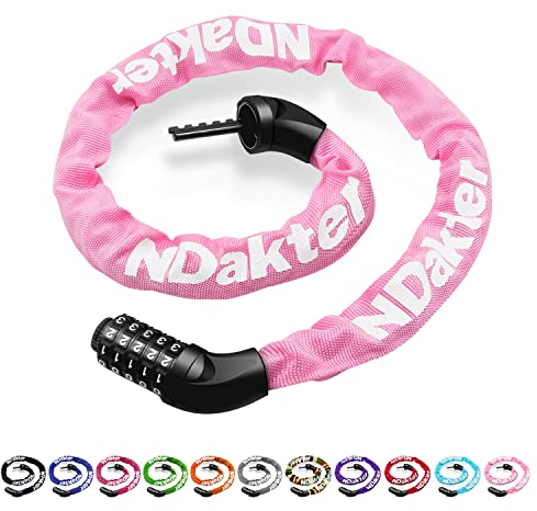 NDakter Fahrradschloss mit Zahlencode und hoher Sicherheitsstufe, (100cm*6mm) Fahrrad KettenSchloss mit 5-Stellig Zahlencode, Kette aus gehärtetem Stahl für Fahrrad Roller Ebike Motorrad (Hellrosa)