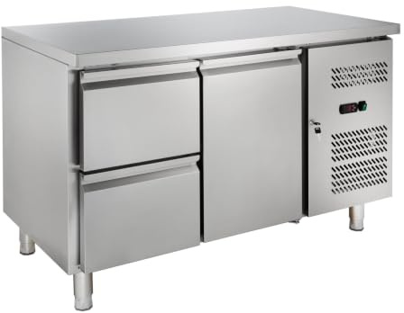 GastroHero Kühltisch, 1 Tür, 2 Schubladen, 1 Boden, Edelstahl GNH2120TN | Geeignet für GN 1/1 Behälter, Bleche & Roste, 1 Zwischenboden, Umluftkühlung, elektronisches Thermostat 0 bis +8°C