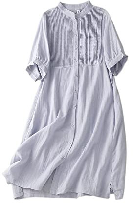 Damen Kleid, Damen Lockeres Baumwoll-Leinenkleid Sommer Kurzarmkleid Brust Plissee Hemdkleid Knopfleiste Mit Tasche Boho Für Party Bankett Strandurlaub,Blau,M