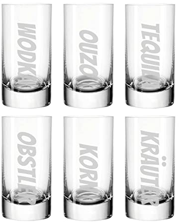 LUXENTU Schnaps-Ensemble 6er Set | 55 ml | Stamper Schnapsgläser mit gravierten Schnapsnamen: Wodka, Ouzo, Tequila, Obstler, Korn, Kräuter | Geschenk für Hausbar & Theke | Spülmaschinenfest