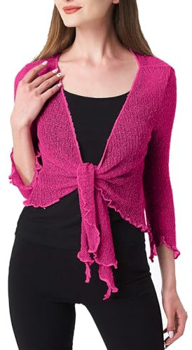 Prime Fashions Womens Plain Fish Net Bolero Shrug ¾ Long Sleeves Tie up Knitted Cropped Cardigan Top Lightweight Stretchy Open Blouse for Summer One Fuchsia