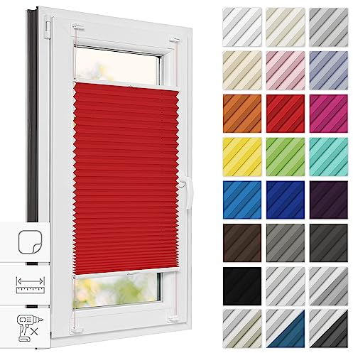 Estika Plissee zum kleben 65 cm x 120 cm - Rot - Plissee ohne Bohren, Plissee kleben, Rollos für Fenster ohne Bohren, Jalousien Fenster für innen, Raffrollo, Fenster plissee