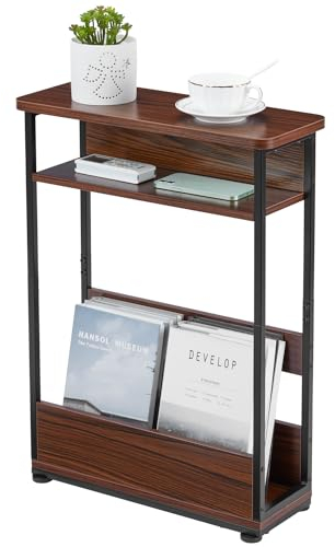 YEAKOO Vintage Narrow Side Table with Storage Shelf, 3 Tier Slim End Table Modern Sofa Table for Narrow and Small Spaces,Bedside Table Small Nightstand with Magazine Rack Space Saving/Cherry