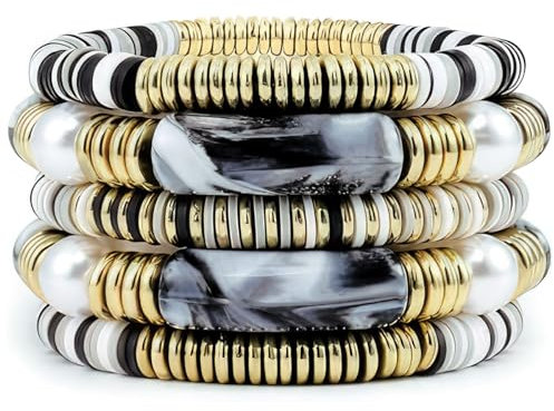 Emibele Bracelets Empilables en Tube de Bambou, Bracelets de Poignet Extensibles en Perles Acryliques Colorées, Bijoux de Main Épais et Incurvés, Cadeau de Bijoux pour Femmes Filles, Noir Gris + Or