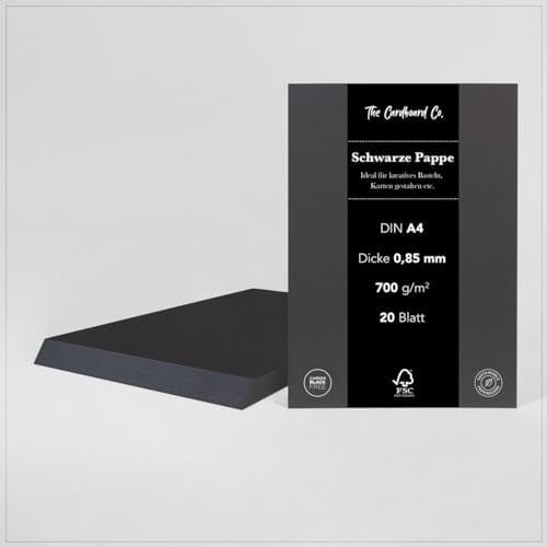 TheCardboardCo Schwarze Pappe, 0,85 mm (700 g/m²), DIN A4 (210 x 297 mm), 20 Blatt, stabile Pappe für kreatives Basteln, Karten gestalten etc., tiefschwarz