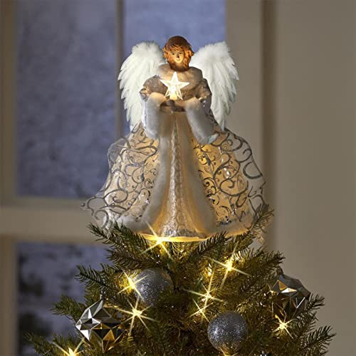 dewdat Engel Weihnachtsbaumspitze, Engel-Anhänger, Engel Mit Feder Flügeln Christbaumspitze, Weiß Beleuchtete Engel-Baumspitze – Weihnachtsbaumspitze, Dekoration, Ornament Für Zuhause, 30 cm