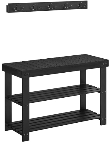 SONGMICS Coat Rack Shoe Bench Set, Hall Tree with Bench, Multifunctional, 5 Double Metal Hooks, 3-Tier Bamboo Shoe Rack, for Hallway, Bedroom, Living Room, Ink Black LCR004B01