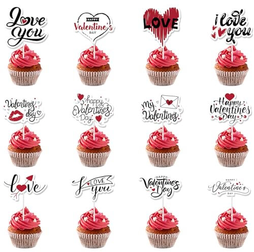 36Pcs Valentine's Day Cupcake Toppers 12 Designs Valentines Cupcake Toppers Sweet I Love You Kiss Heart Shaped Cupcake Topper Food Picks Cake Accessories for Valentine's Day Gifts Cake Decoration