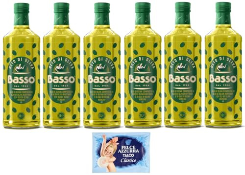 6er-Pack Basso Olivenöl,Olio di Oliva,super zum Braten,1Lt Glasflaschen + 1er-Pack Kostenlos Felce Azzurra Talkumpuder, 100g-Beutel