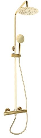 Columna de ducha Oro Set de ducha Latón Retro Sistema de ducha Grifería de ducha Grifo termostático Ducha de lluvia con ducha de mano Baño Altura ajustable 70-110cm