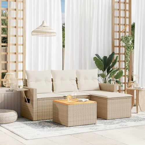 Rantry 5-TLG. Garten-Sofagarnitur mit Kissen Beige Gartensofa Gartenlounge Gartenmöbel Lounge Sofa Loungemöbel Terrassensofa Sitzgruppe Gartengarnitur Sitzgarnitur Gartenset Poly Rattan