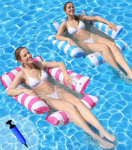 Hamaca Piscina 2pcs, Colchonetas Inflables Piscina, PortáTil Colchonetas Piscina Grandes, 4-En-1 Hamaca Hinchable Piscina, Flotadores Piscina con Bomba de Aire (Azul Claro + Rosa - 4 Tubos)