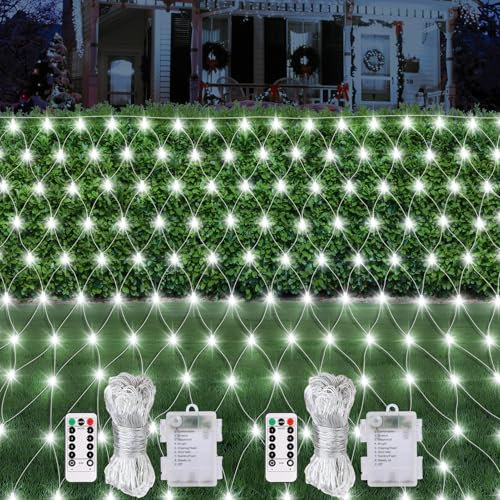 2 Pack Battery Operated 1.5m x 1.5m 100 LED Fairy Net Lights with Remote Timer 8 Modes Dimmable Outdoor Net Mesh Lights for Christmas Tree Bush Garden Backyard Décor (Cool White)