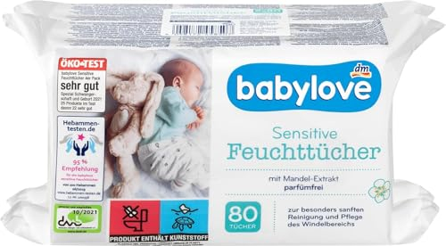 Babylove Feuchttücher sensitive 240 Tücher - ohne Alkohol - Parfümfrei - ohne tierische Inhaltstoffe - pH-hautneutral - mit Mandel-Extrakt (3 x 80 Stück)