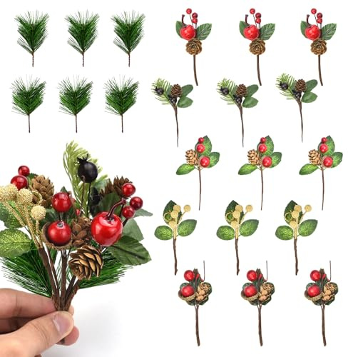 21Pcs Weihnachtsbeeren Picks künstliche Tannenzapfen Weihnachtsdekoration Aussen Weihnachtsbeeren Picks Künstliche Tannenzweige mit Tannenzapfen Weihnachtsblumen-Arrangement Adventkranz, 7 Stile