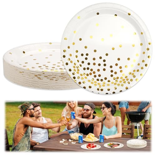 Jinsion 50 PCS Blanc or Party Vaisselle,9 pouces (23 cm) Blanc et or Vaisselle de Fête,Or Blanc Assiette Jetable Vaisselle Lot,Blanc or Assiettes en Carton Jetables pour Fêtes Decoration Anniversaire