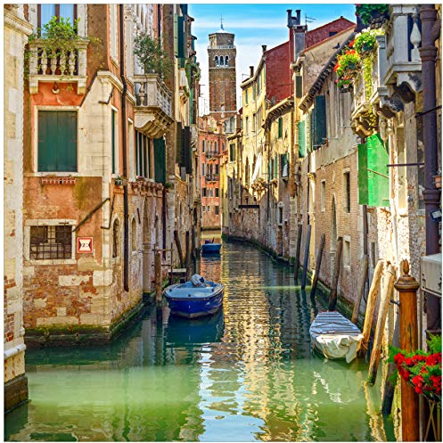 Wallario Glasbild Urlaub in Venedig Kanal zwischen bunten Häusern - 55 x 55 cm Wandbilder Glas in Premium-Qualität: Brillante Farben, freischwebende Optik