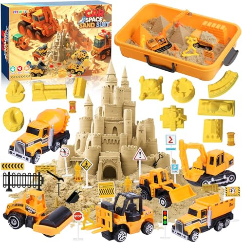JEDWKFA Kinetischer Sand Baustelle, Magic Toy Sand für Kinder, Sandbox Set Mit Schlossschablone, Straßenschild, Sensorisches Sandspielzeug für 3-5 Jahre