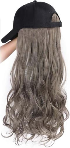 Mütze Mit Haaren,Human Hair Wig, Baseballkappe für Damen, Lange lockige und gewellte Perücke, Baseballkappe mit integriertem Sonnenschutz, Perückenkappe für Dam