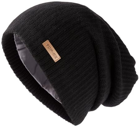 TOPEX XL/XXL Merinowolle Slouch Beanie Herren Mütze Damen Winter Warm Strickmuetze mit Satinfutter Schwarz XL/XXL