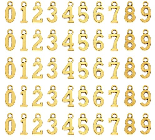FSSTUD 100 Stück winzige Metall-Zahlen-Charms, kleine Zahlen, Armband, Charms, Halskette, Anhänger, Schmuck, Ohrringe, Perlen, Schlüsselanhänger, Charm-Anhänger für DIY, goldfarben