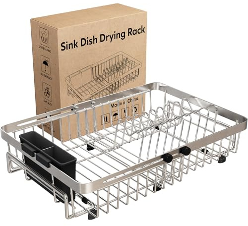MAJALiS Dish Drying Rack Over The Sink, Expandable Stainless Steel Dish Drainer for Small Kitchen Counter Space Saving, RV Compact Plate Strainer In Silver Metal with Hanging Adjustable Utensil Holder