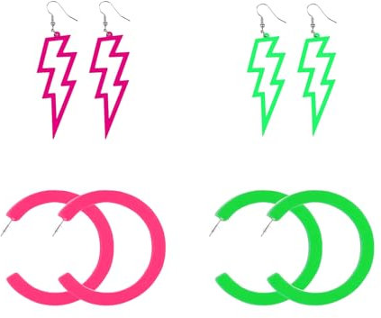 Katyjun 8 Stück Neon Ohrringe, Blitz Ohrringe 90er 80er Jahre Damen Pink, Neon Accessoires Schmuck