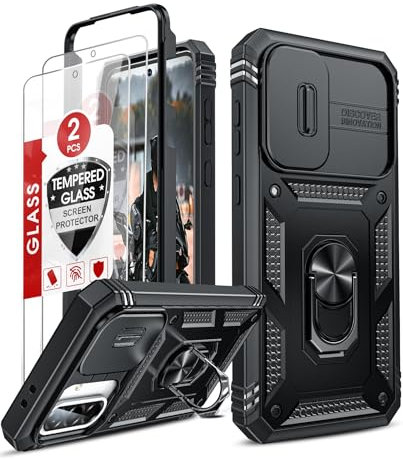 LeYi Case für Samsung Galaxy A36 5G Hülle [2 Hartglas Schutzfolie] Hybrid Kameraschutz Handyhülle Metall Ring Ständer Cover Kamera Schiebeabdeckung Schutzhülle Militär A 36 5 G Handy Hüllen Schwarz