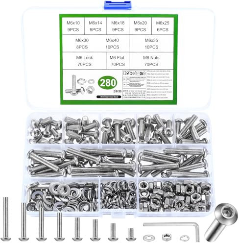 280 Pièces Set de Vis M6, Vis et écrous, Vis Boulons et écrous, Vis à Tête Cylindrique à Six Pans Creux, Vis Boulon et écrous et Rondelles Kit, Vis à Tête Cylindrique à Tête Ronde avec écrous