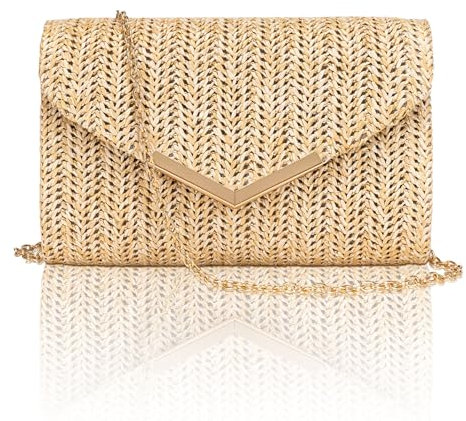 Larcenciel Pochettes et Clutches Femme, Sac Paille avec Chaîne Détachable, Pochette Ceremonie Mariage Sac a Main Ete, Sacoche Femme Bandoulière pour la Plage, les Vacances (20 x 13 x 5.5cm)